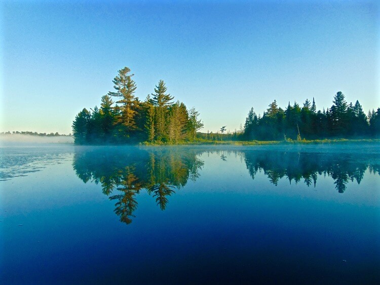 morning fog and tree reflections on round lake