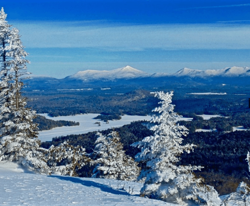 view from top of mountain in winter with snowy trees and mountains in distance
