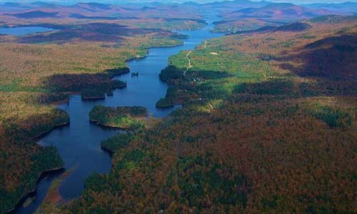 aerial view of adirondack river in fall